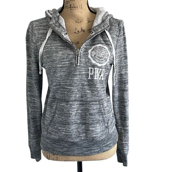 EUC Victoria Secret PINK Heather Gray Hooded 1/4 Zip Sweatshirt - XS - Picture 1 of 8